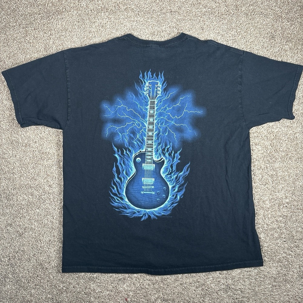 Vtg Y2K Blue Flame Guitar Excalibur Sportswear Rock Music T-shirt Size XL